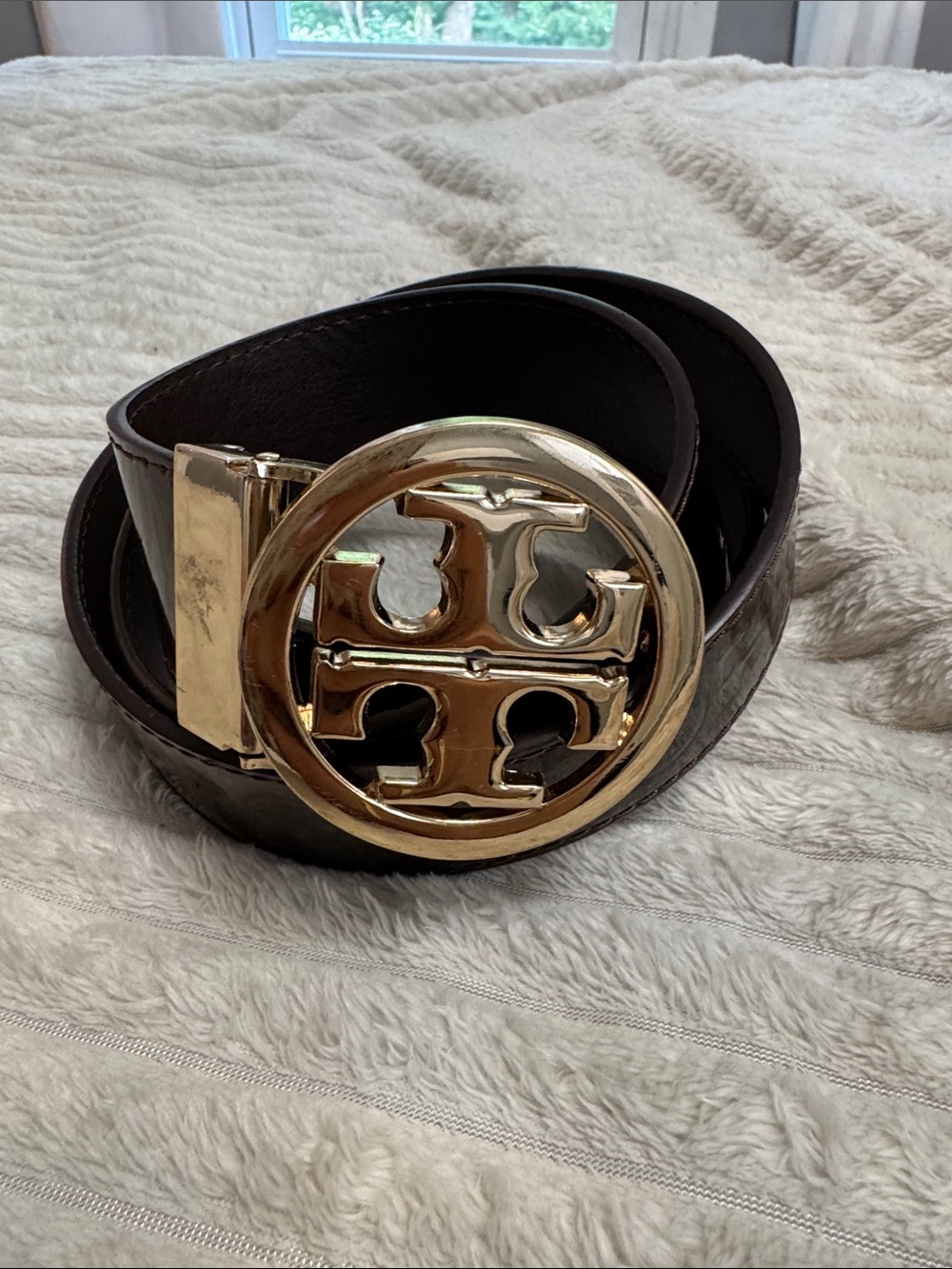 Tory Burch Brown Leather Belt with Gold Logo Buckle